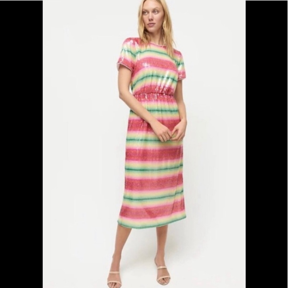 J Crew Short Sleeve Sequin Stripe Dress watermelon